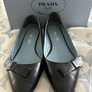 Prada Black Leather Flats with Bow Detail